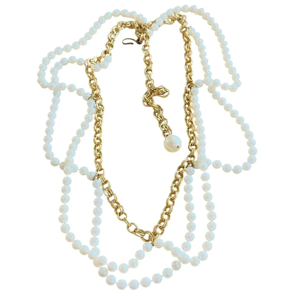 VTG Pearl Gold Tone Metal Chain Belt Necklace‎ Regal Statement Bold Chic 35